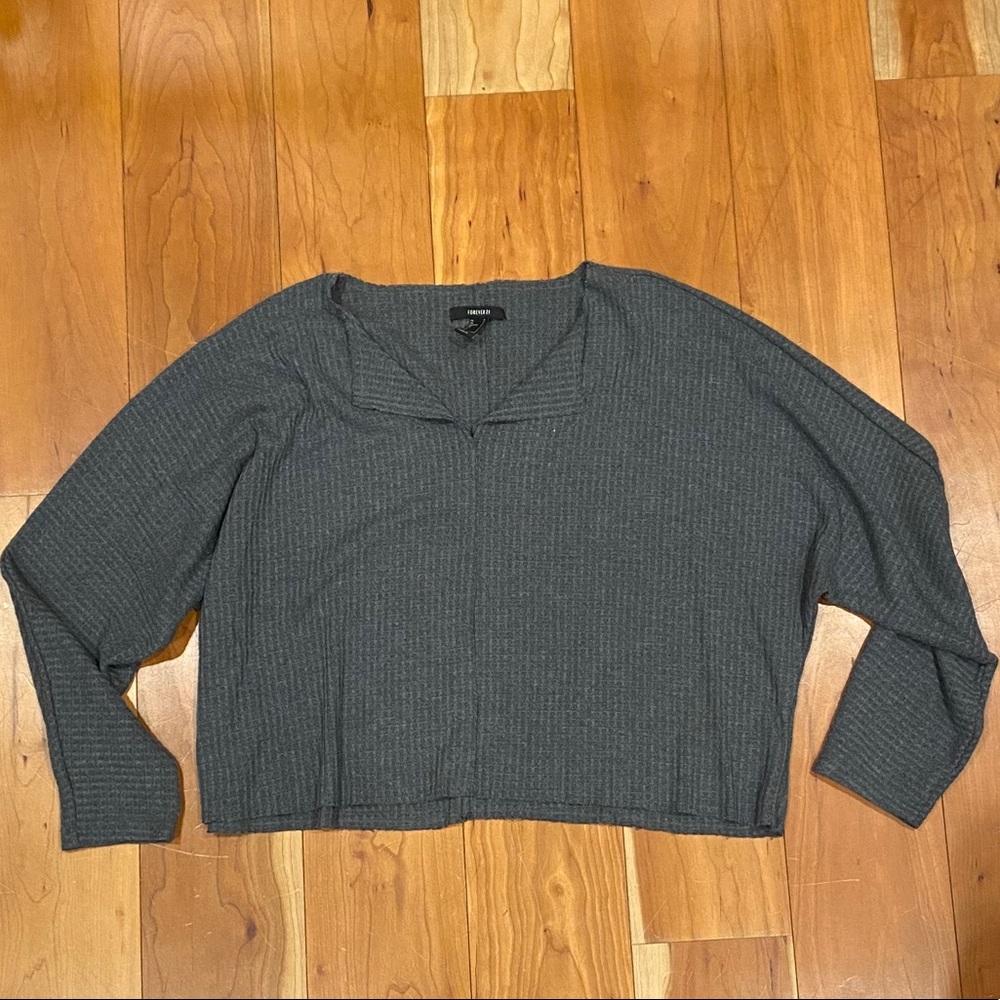 F21 Grey Waffle Knit Crop Long Sleeve